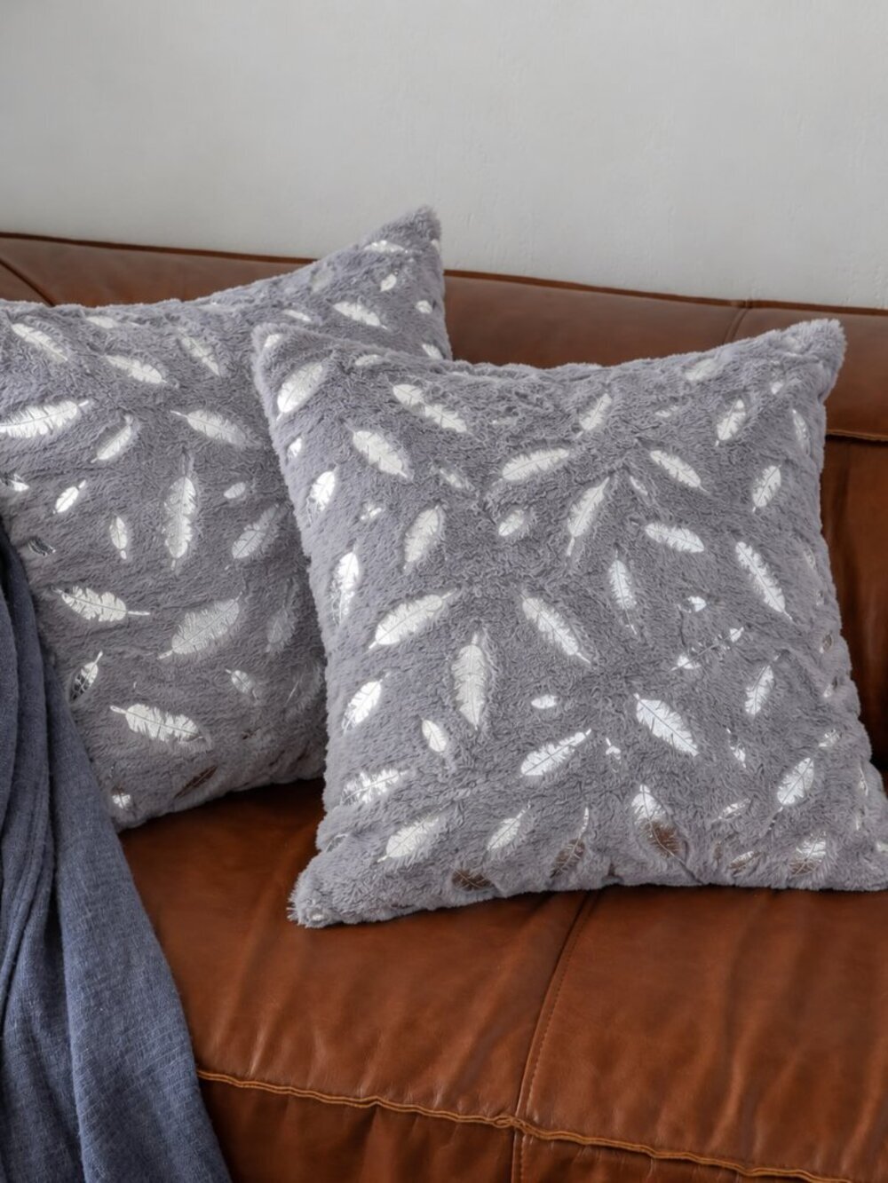Set of 2 Gray Faux Fur Pillow Covers 18x18 Silver Leaf Print Plush